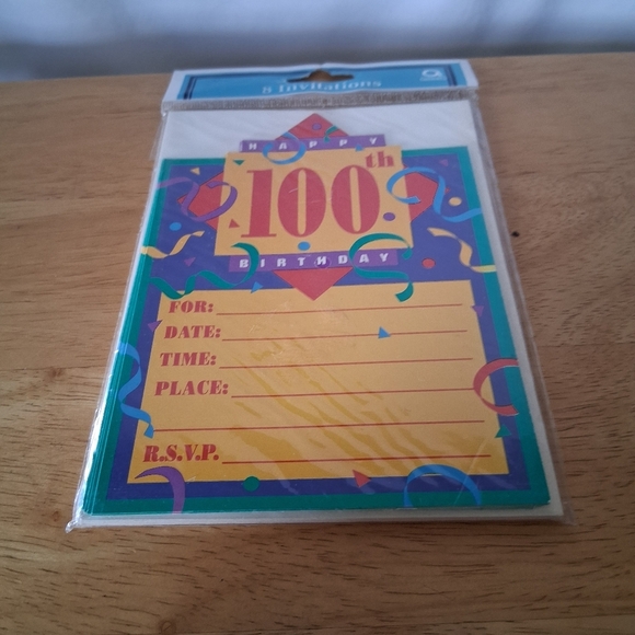 Amscan 100th Birthday Invitations - Yellow, Blue, Purple - Picture 1 of 5